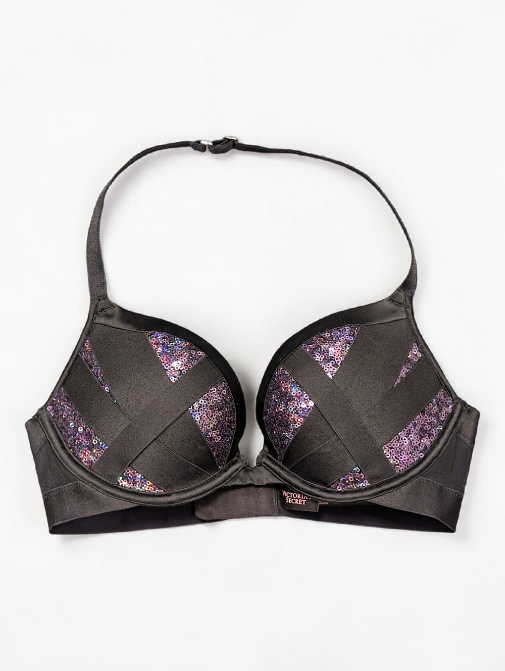Victoria’s Secret Halter Plunge Push-Up Bra Black Sequin Crisscross Strappy Glam